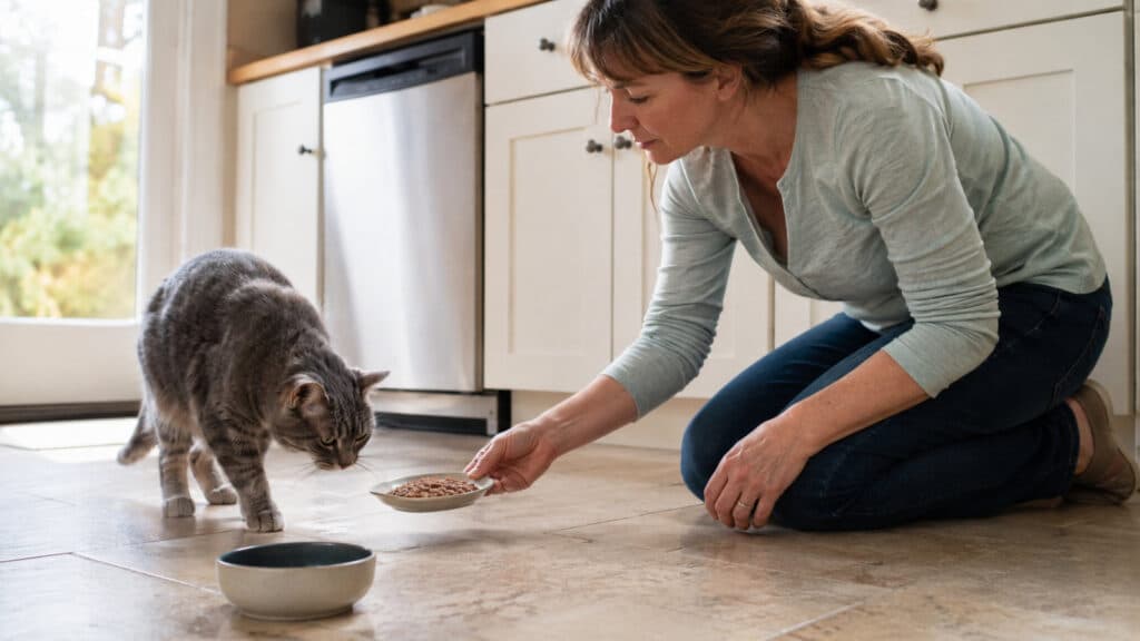 owner offering a shallow plate of wet food to a senior cat