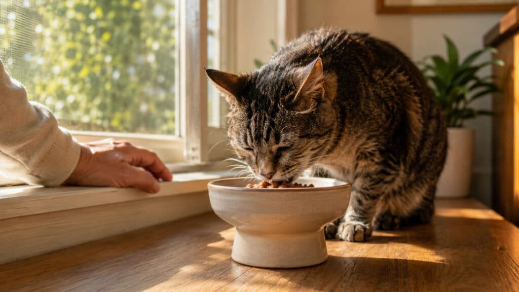 senior cat eating comfortably from a raised dish by a window