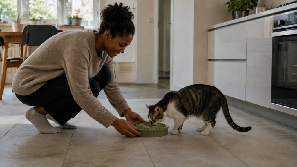 cat eating from a slow-feeder dish placed by its owner