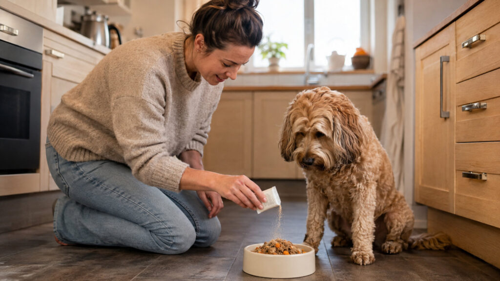 owner sprinkling a supplement over a dog's dinner
