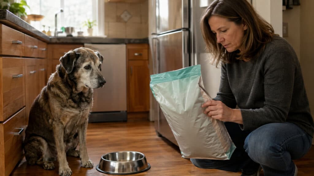 owner reading a dog food label while their senior dog waits by the bowl