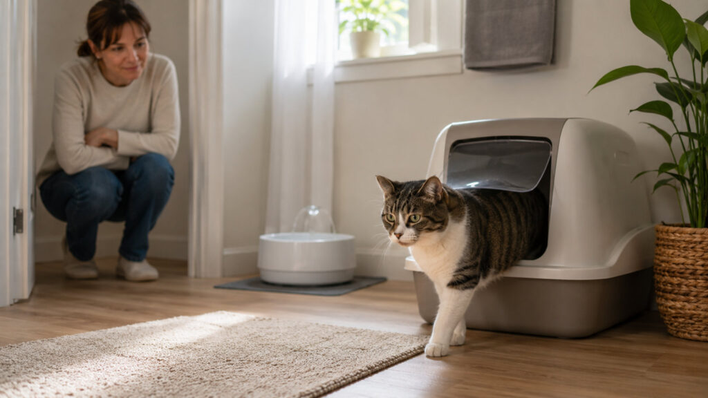 owner keeping an eye on their cat beside the litter box and a water fountain
