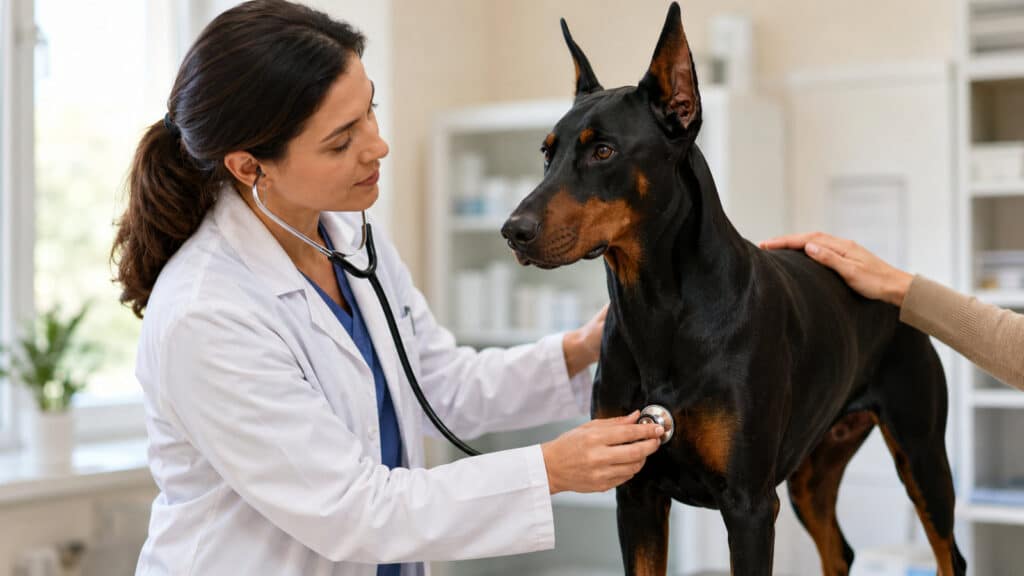 veterinarian listening to a Doberman Pinscher's heart with a stethoscope