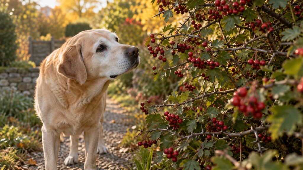 Senior Labrador sniffing near a hawthorn shrub with red berries in a garden