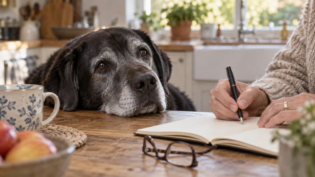 Owner taking notes beside a calm senior dog at a kitchen table