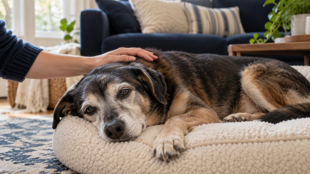 An older grey-muzzled dog resting at home with its owner's hand on its back