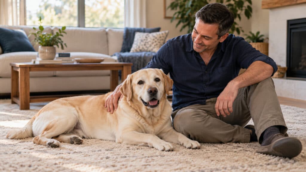 A Labrador-type dog resting on a rug at home while its owner sits beside it