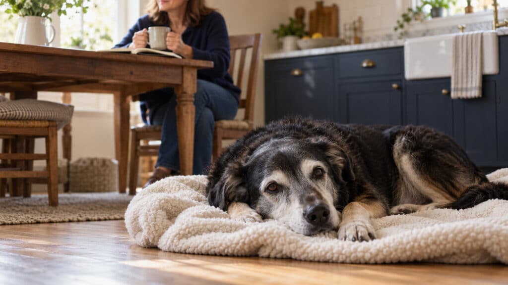An older dog resting on a blanket in the kitchen while its owner sits at the table nearby